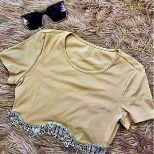 Tan Fringe Rhinestone Crop Top